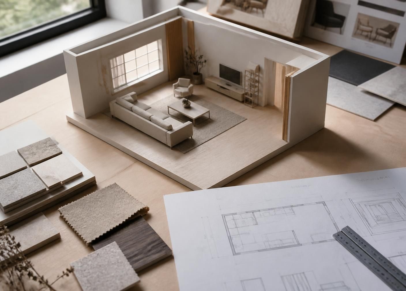 Interior design student's scale model with material swatches and drawings